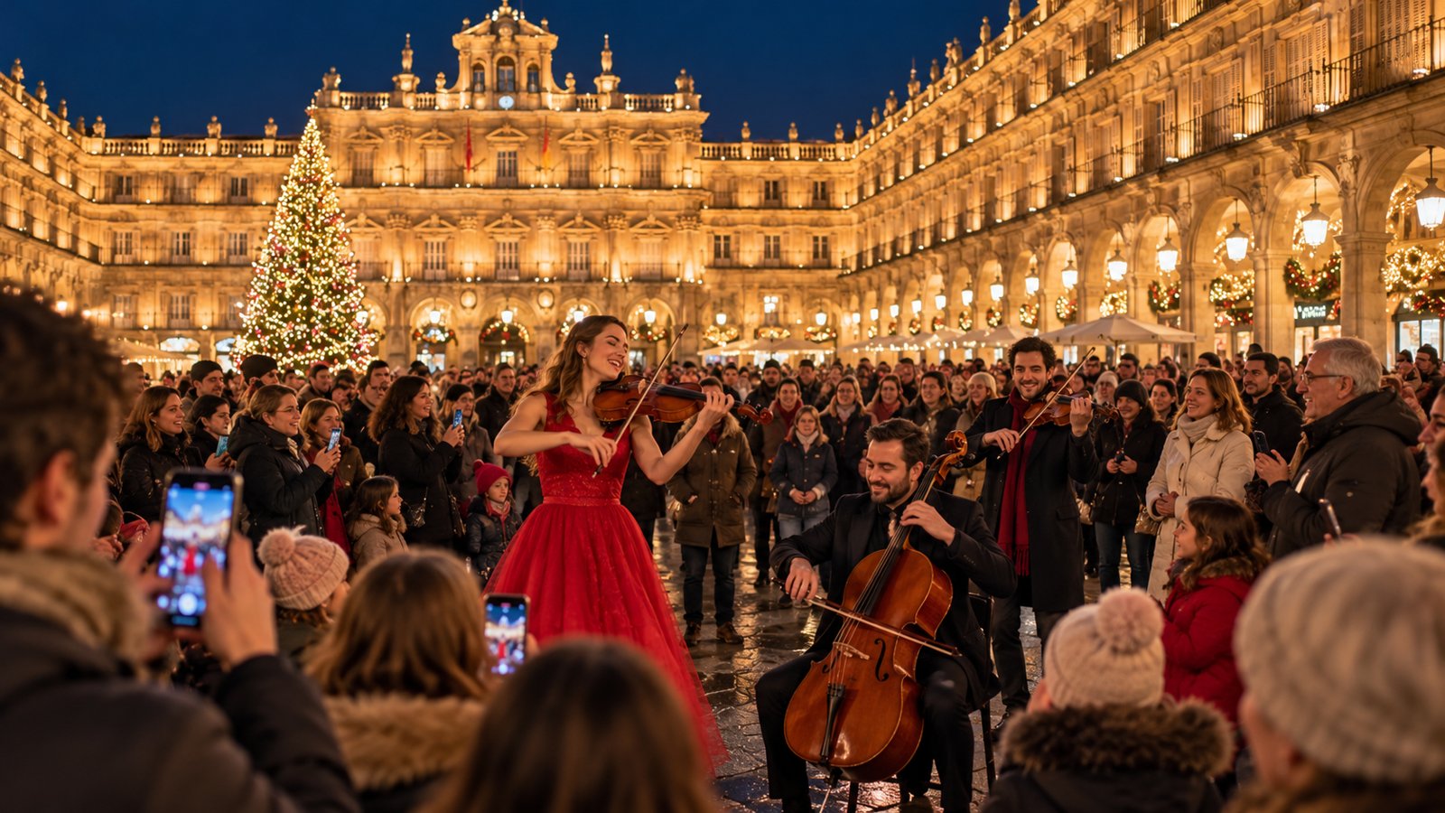 Recreación de músicos actuando entre el público en una plaza iluminada por Navidad